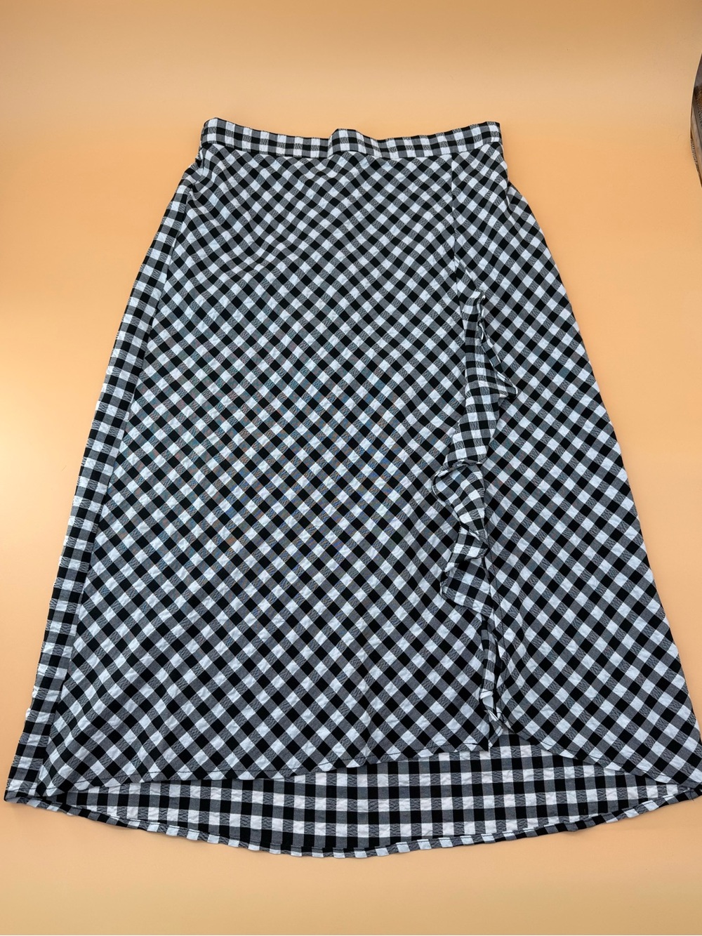 Maison‎ d’Amelie Black and White Gingham Midi Skirt with Side Ruffle Cottagecore